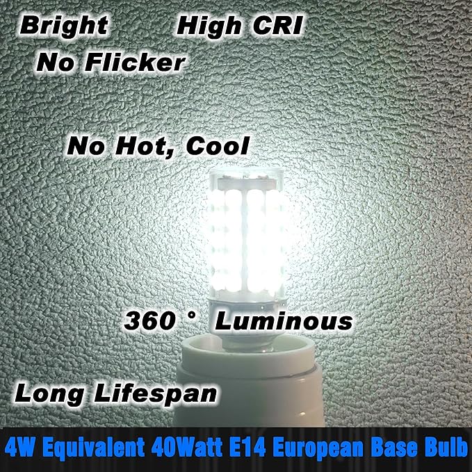 E14 European Base LED Bulb 4W Equivalent 40W Daylight White 6000K 450lm AC100V-265V T6 C7 E14 Candelabra Bulb for Turkish Persian Mosaic Lamp Pendant Refrigerator Bulb Wall Sconces,Non-Dimmable,3 Pack - Bloomnest