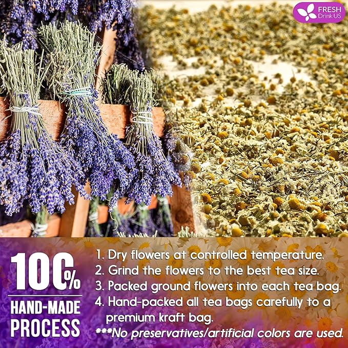 FreshDrinkUS, Premium 135 Chamomile Lavender Tea Bags, 100% Natural Herbal Ingredients, Hand-made Blend of Chamomile Lavender Flowers, Eco-conscious Tea Bags. No Sugar, No Caffeine, No Gluten, Vegan. - Bloomnest