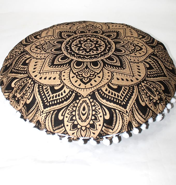 CRAFT KALA 22" Bohemian Floor Pillow Pouf Cover Mandala Boho Large Round Meditation Room Pillow Covers for Adults Seating Poufs Cushion Cover for Kids Playroom Black Gold Flower - Bloomnest