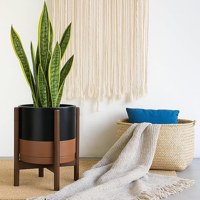 D'vine Dev Ceramic Planter with Walnut Color Stand - 12 Inch Modern Round Flower Pot with Wood Planter Holder, Black/Speckled Tan, 55-B-W-7 - Bloomnest