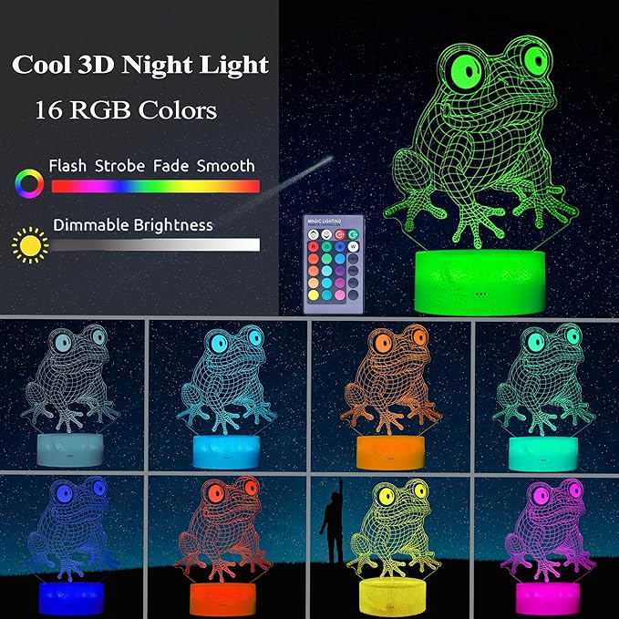 Cute Frog Night Light, Frog Gifts, Frog 3D Illusion Lamp with RGB 16 Colors Changing, Remote Control, Dimmable, Kids Room Decoration Baby's Light Room Decor Children Gifts - Bloomnest