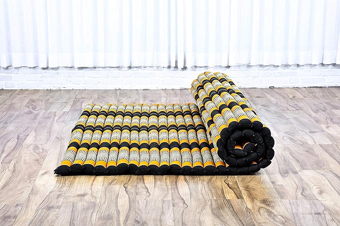 Leewadee - Foldable Floor Mattress - Japanese Roll Up Futon -Trifold Tatami Mat- Guest Floor Bed - Camping Mattress - Thai Massage Mat, Kapok Filled, 75 x 57 inches, Black Orange - Bloomnest