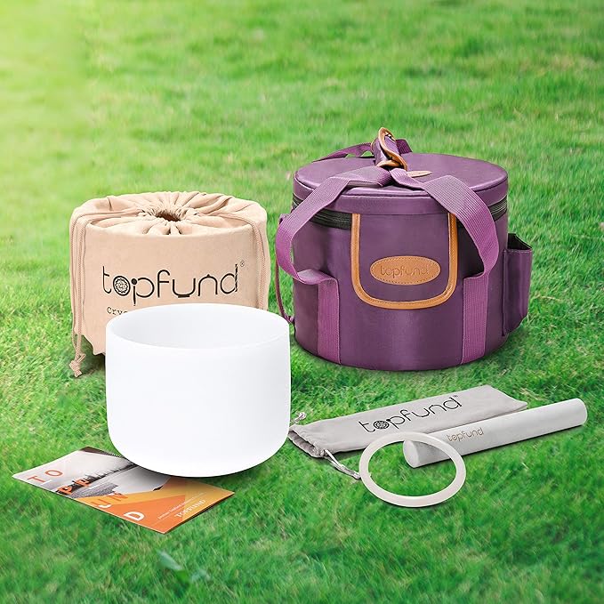 TOPFUND F Note Crystal Singing Bowl Heart Chakra 8 inch with Heavy Duty Carrying Case and Suede Mallet