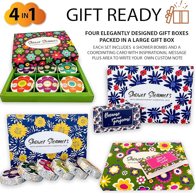 Shower Steamers for Women Gift Set – 24 Pack (4 Boxes of 6), Aromatherapy Shower Bombs w/Essential Oils, Relaxing Shower Melts, Perfect Spa Gift for Christmas, Stocking Stuffers for Women, Men, Teens - Bloomnest