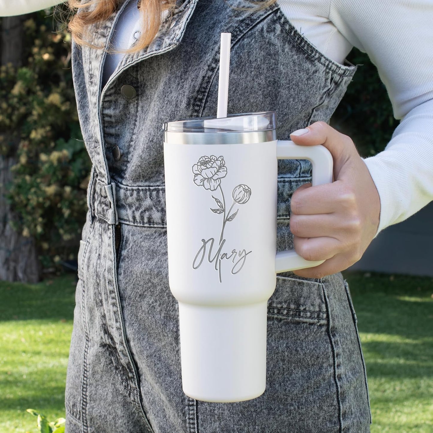 Engraved 40 Oz Tumbler with Handle and Straw - Personalized Name and Birth Flower, Double-Wall Insulated Mug - Birthday Gifts for Women, Rose Quartz