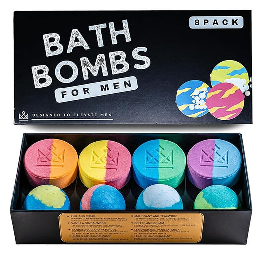 Bath Bombs for Men - Unique Sphere & Disc Shape - 8 Bath Bombs Mix of 5oz & 2.5oz - Gifts for Men - Bubble Bath Set - Bloomnest