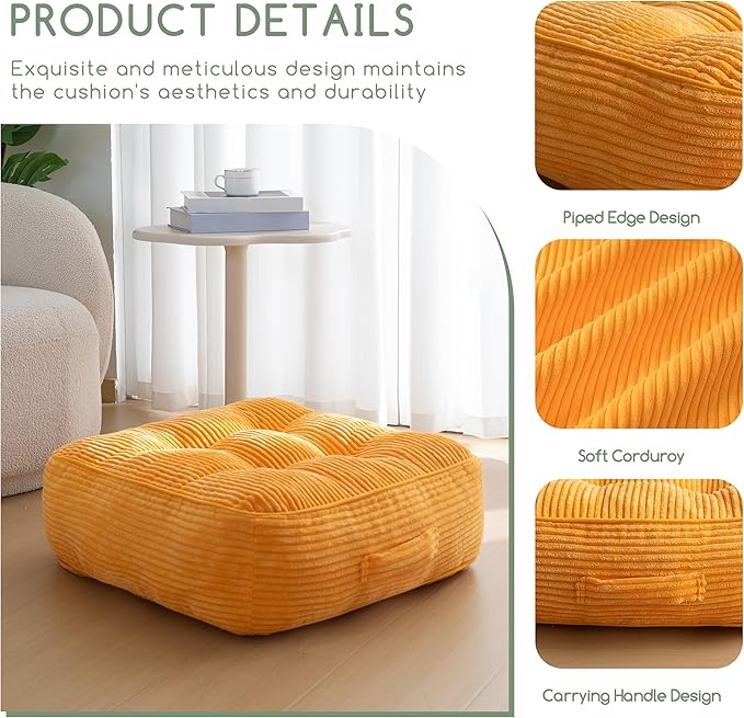 8" Washable Floor Pillow Cushion for Adults, Meditation Cushion Pillow, Large Square Floor Sitting, Removable Tufted Corduroy Cover, for Tatami Living Room or Yoga, 22x22 Inch, 2Pack, Machine Washable - Bloomnest