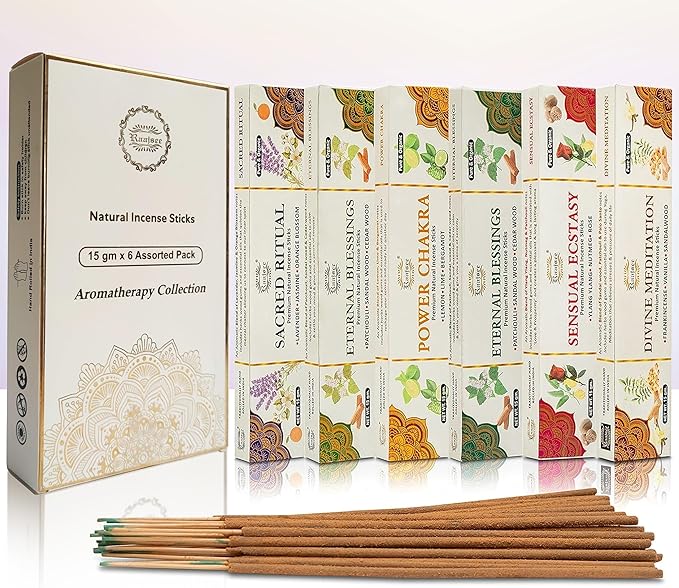 Raajsee Natural Incense Sticks,6 Pack Mixed Scents Gift Pack 15 gm Each (90 gm Total), Insense Sticks Variety Pack, 100% Organic Non Toxic Natural - Hand Rolled Free from Chemicals RAAJSEE