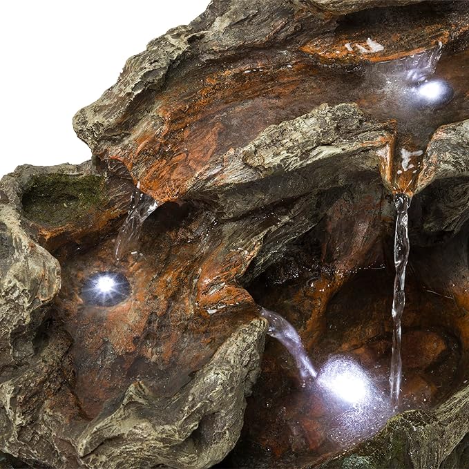 Alpine Corporation WIN1334 10" Tall Tabletop 3-Tier Waterfall Rock Fountain with LED Lights, Indoor Decorative Water Feature for Desk, Table, Office, and Home, Brown - Bloomnest