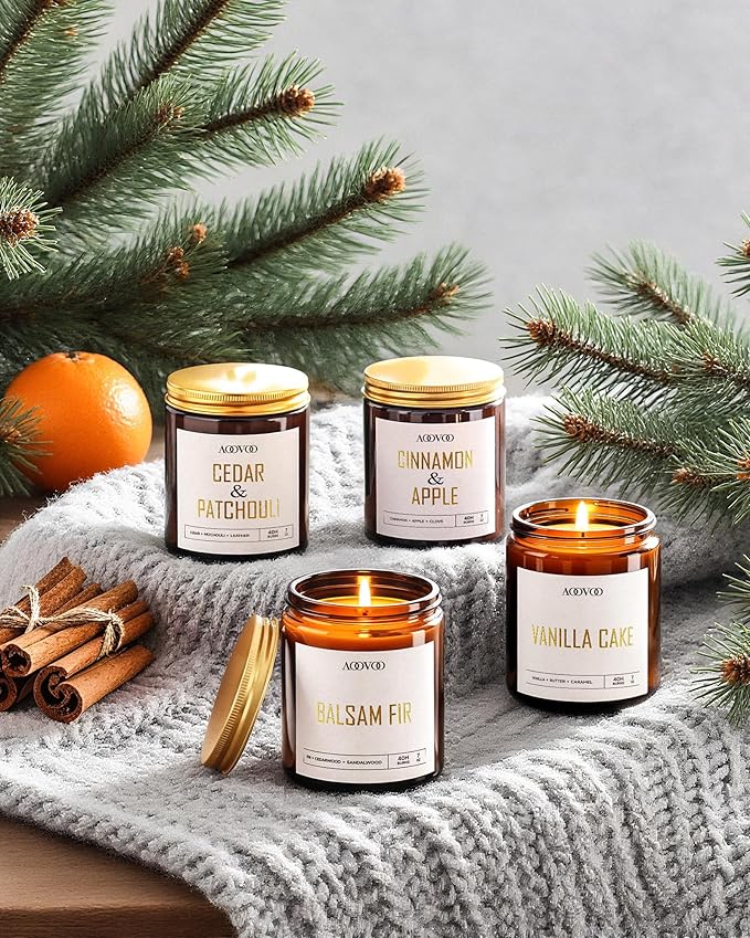 AOOVOO Candle Set - 4PC Scented Candles, 28 oz Soy Candles, Soy Candle for Home Scented, Balsam Fir/Cedar&Patchouli/Cinnamon&Apple/Vanilla Cake - Bloomnest