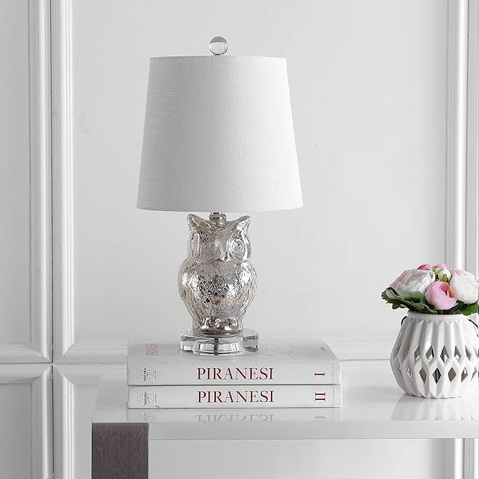 JONATHAN Y JYL4010A Night Owl 19" Glass/Crystal LED Table Lamp Contemporary Transitional Bedside Desk Nightstand Lamp for Bedroom Living Room Office College Bookcase LED Bulb Included, Silver/Ivory - Bloomnest
