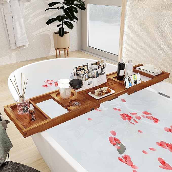 Teak Bathtub Tray - Luxury Bath Tray with Expandable Handles, Wine Glass and Phone Holders, Book Stand - Perfect for Home Spa Relaxation and Reading - Natural Bath Accessories - Light Walnut Color - Bloomnest