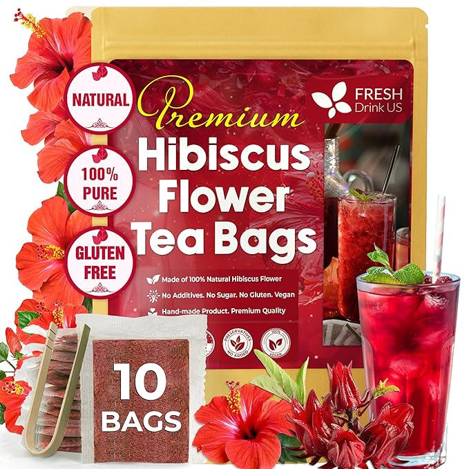 FreshDrinkUS, Premium 10 Hibiscus Flowers Tea Bags, 100% Natural, Pure from Hibiscus Flowers. Loose Flower Herbal Tea. No Sugar, No Caffeine, No Gluten, Vegan. - Bloomnest