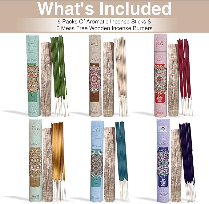 DharmaObjects Premium 180 Incense Sticks - Mix 6 Fragrances, Palo Santo, Sandal Wood, Nag Champa, White Sage, Rose and Patchouli Incense Gift Set Include 6 Holders DharmaObjects