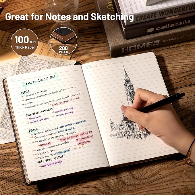 CAGIE Compass Leather Notebook Journal for Men, 100 GSM 288 Pages Lined Journals for Writing, A5 Hardcover Journaling Notebooks Gift Set with Pen for Travel Office Daily Writing - Bloomnest