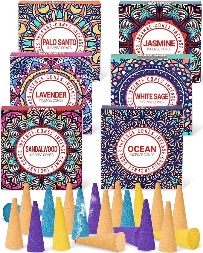 Incense Cones Set - Lavender, Jasmine, Sandalwood, Palo Santo, Rose, White Sage for Meditation & Yoga Pavocristatus