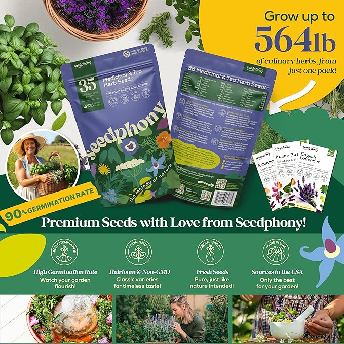 35 Medicinal & Tea Herb Seeds Variety Pack - 16,285+ Non-GMO Heirloom Herbs Seeds for Planting Indoor & Outdoor: Lavender, Rosemary, Echinacea, Mint, Catnip, Basil - Gardening Seed Packets - Bloomnest
