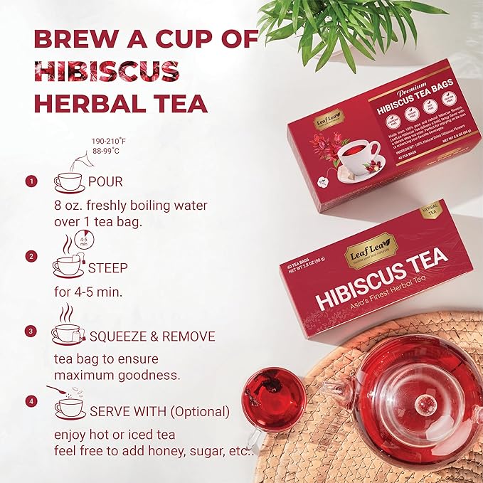 LeafLea Hibiscus Tea Bags – 160 Count, Individually Wrapped, 100% Natural Hibiscus Flower Herbal Tea, Caffeine-Free, Sugar-Free, Gluten-Free, Non-GMO, Te de Hibisco, Jamaica Tea, (Pack of 4) - Bloomnest