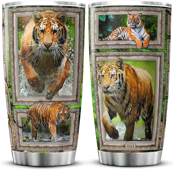 Tiger Print Tumbler Wildlife Animal Themed Gifts For Adults Stainless Steel Cup With Lid 20oz Cool Tigers Animals Insulated Travel Mug Tiger Stuff For Men Birthday Present - Bloomnest