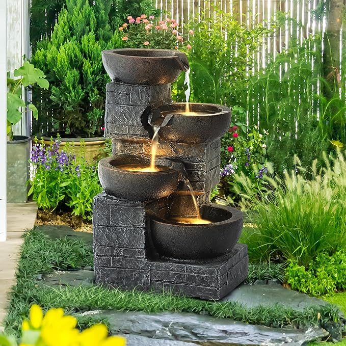 Outdoor Water Fountains with Cascading Bowls, 4-Tiers Fountains and Waterfalls w/LED Lights,Indoor Morden Floor Standing Resin Water Feature for Garden Patio Backyard Home Decor (Grey & Brown) - Bloomnest