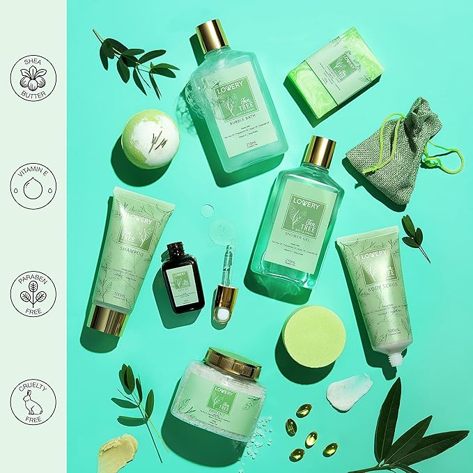 Tea Tree Bath Set - Luxury Home Spa Set with Calming Mint Fragrance – 15 pc Relaxation Gift Basket with Tea Tree Bath Oil,Shower Gel, Bubble Bath, Handmade Soap, Steamer Tablet, Potpourri & More