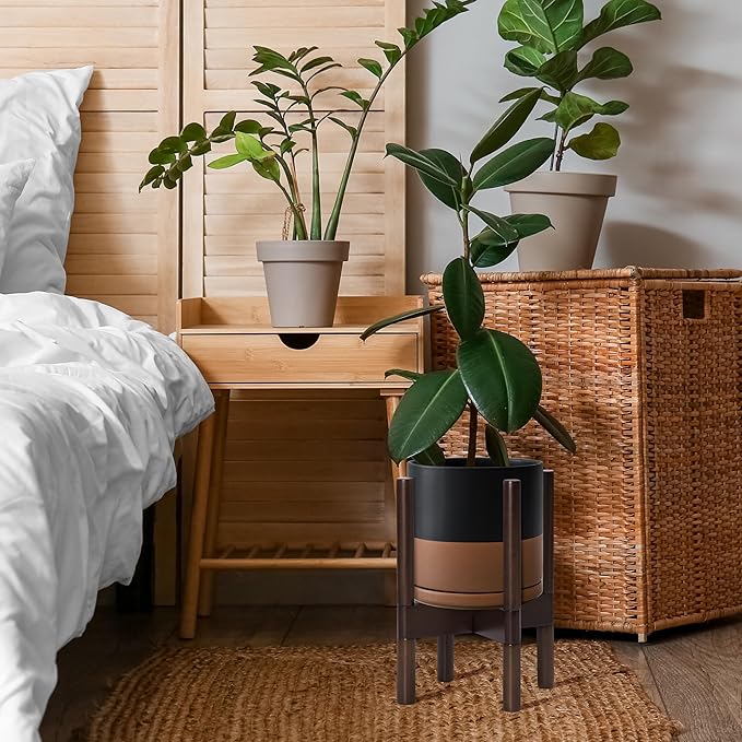 D'vine Dev Ceramic Planter with Walnut Color Stand - 8 Inch Modern Round Flower Pot with Wood Planter Holder, Black/Speckled Tan, 55-B-Y-7 - Bloomnest