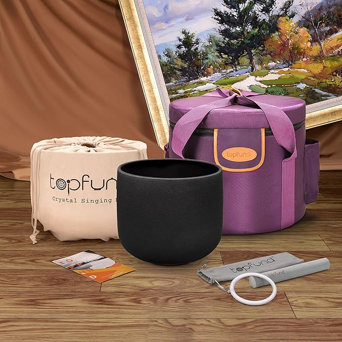 TOPFUND Black G# Note Crystal Singing Bowl Zeal Chakra 8" with Heavy Duty Carrying Case and Suede Mallet