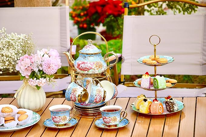 20 Pieces Porcelain Tea Set With Metal Holder, European Ceramic tea set for adults,Flower Tea Set,Tea Set For Women With Flower Painting - Bloomnest