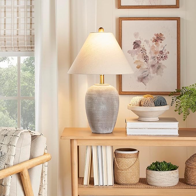 Nourison Home 23" Rustic Brown (Gray Undertones) Ceramic Pot Table Lamp for Bedroom, Living Room, Dining, Home Office, Entryway - Bloomnest