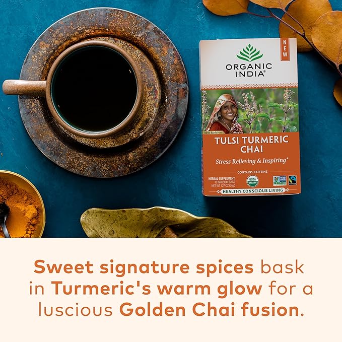 Organic India Tulsi Turmeric Chai Tea - Herbal Tea Bags with Caffeine, Ginger Root, Cinnamon, Holy Basil, Stress Relieving and Energizing, Immune Support, Helps Digestion - 18 Count, Pack of 6 - Bloomnest