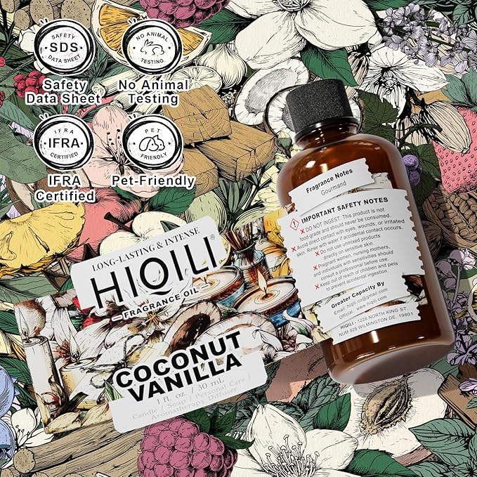 HIQILI Coconut Vanilla Fragrance Oil - for Candle Making, Soap Making, Essential Oil for Diffuser, Humidifier, Home& Hotel & Car Use - 1 Fl Oz HIQILI