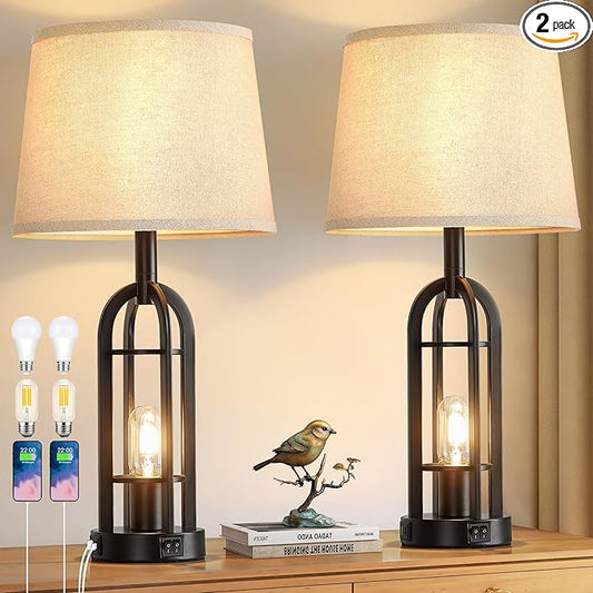 Black Table Lamps for Living Room Set of 2 - Farmhouse Lamps for Night Stands with USB A+C, Bedside Lamps for Bedroom, 24'' Industrial Lamp for Living Room End Tables - Bloomnest