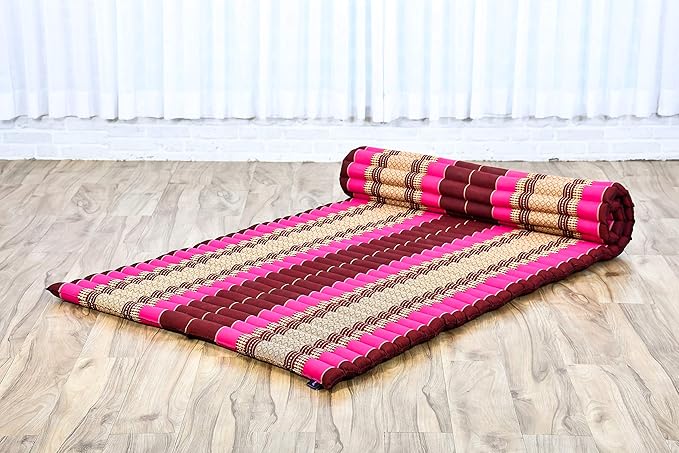 Leewadee - Kapok Roll Mat – Handcrafted Folding Sleep & Relaxation Mattress from Thailand, Ideal as Guest Bed, Camping Mat, Yoga Mat or Traditional Futon, 75 x 39 inches, Auburn Pink - Bloomnest