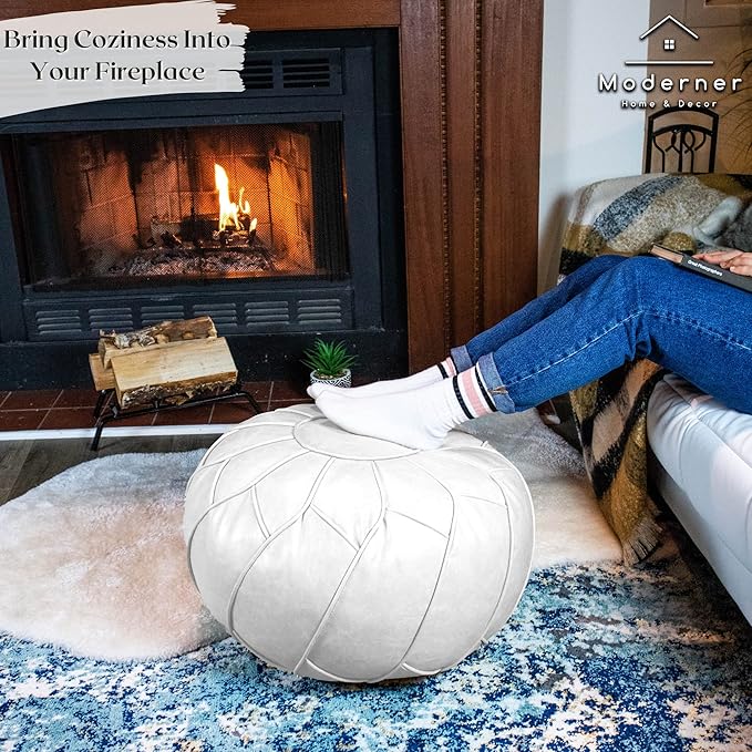 Moderner Faux Leather Pouf Unstuffed Ottoman Moroccan Footstool, Floor Footrest Cushion, Storage Solution - Natural Brown Color (White, Round) - Bloomnest