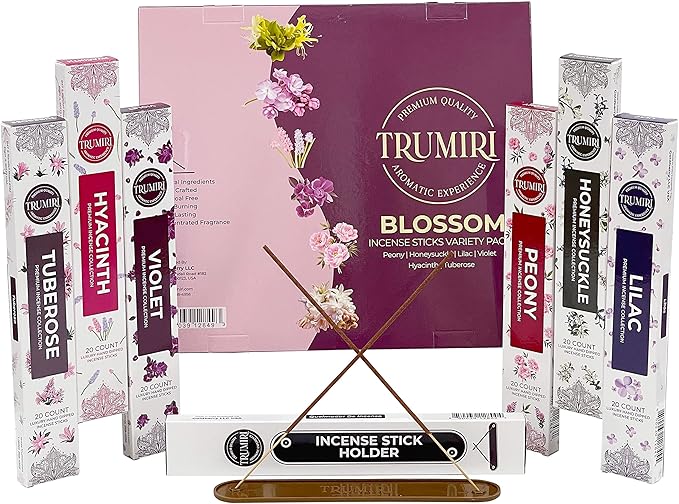 Blossom Incense Sticks Variety Pack - 120 Insence-Sticks (6 Incents x 20 Insense) - Peony Honeysuckle Lilac Violet Hyacinth Tuberose - Natural Inscents-Sticks Non Toxic Incienso + Stick Incense Holder - Bloomnest