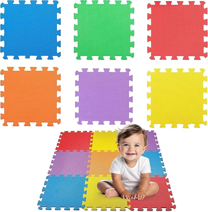 MEDca Floor Mat 10-Tile Exercise Mat Solid Foam EVA Playmat Kids Safety - 10-Pcs Assorted Solid Colors - Interlocking Puzzle Foam Floor Mats - Play Mat for Playing - Bloomnest