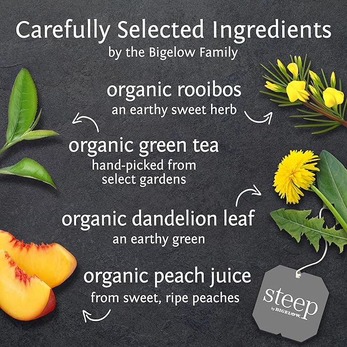 steep by Bigelow Organic Dandelion and Peach with Rooibos and Green Tea, Caffeinated, 20 Count (Pack of 6) 120 Total Tea Bags - Bloomnest