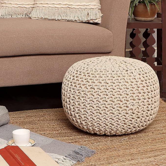 REDEARTH Round Pouf Ottoman - Cable Knitted Boho Poof - Home Décor Cord Pouffe Handmade Circular Footrest for Living Room - Bedroom - Kids Bedroom - 100% Cotton Pouf (19.5"x19.5"x14") - Ivory - Bloomnest