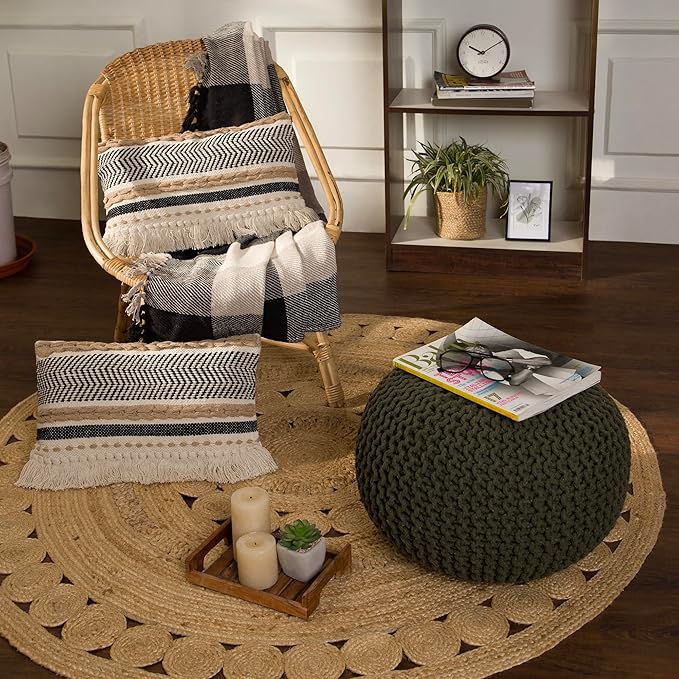 REDEARTH Round Hand Knitted Pouf - Foot Stool Bean Bag Ottoman - Cord Boho Pouffe - Poof Accent Beanbag Footrest for Living Room - Bedroom - Patio - Lounge (19.5"x19.5"x14") - Olive - Bloomnest
