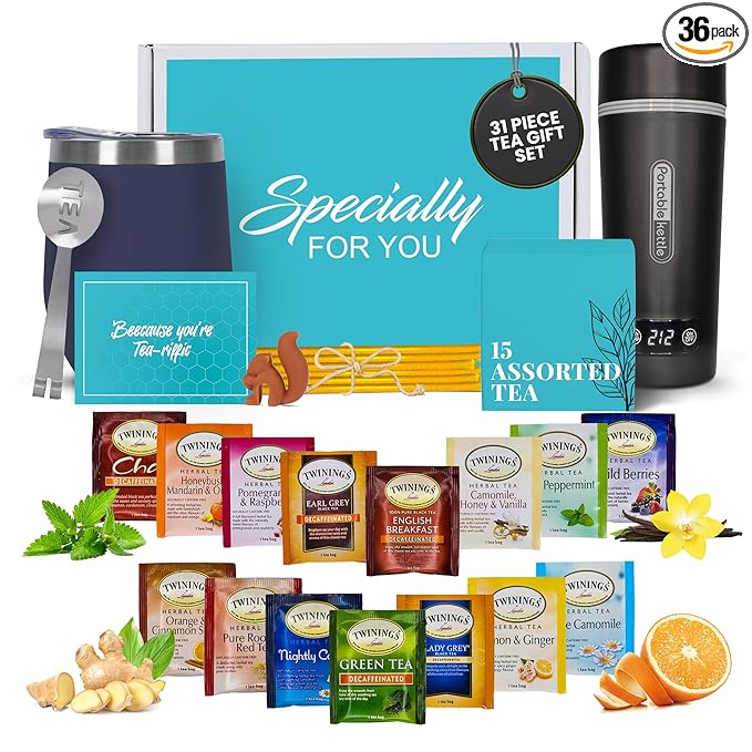 Modern Elegance Tea Set with Portable Kettle – 31-Piece Collection Featuring an Insulated Mug, Decaf Teas, Honey Sticks & Accessories (Decaffeinated) - Bloomnest