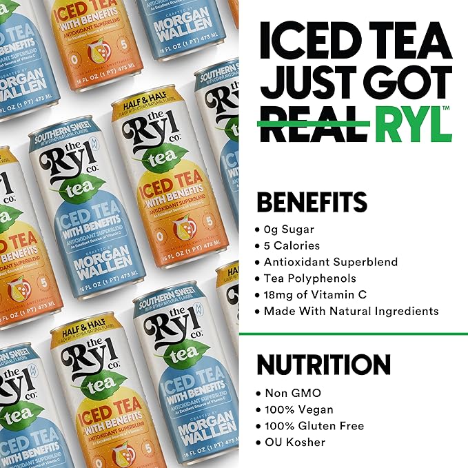 Ryl Iced Tea Front Porch Pack, Sweet Tea and Half N' Half – Antioxidant Superblend, No Artificial Ingredients, Zero Sugar, Five Calories, Low Carb, Non-GMO, Made in the USA, 12-Pack, 16 Fl Oz - Bloomnest