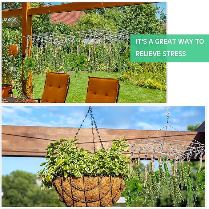 Bokon 4 Pcs Hanging Drying Rack for Herb Macrame Flower with Stainless Clip Dryer Hook for Drying Herb Air Plants Spices Flower Hydroponic Plant Ready to Use with Ceiling Hook(Square) - Bloomnest
