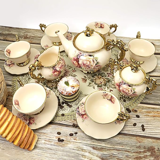 fanquare 15 Pieces British Porcelain Tea Set, Floral Vintage China Coffee Set, Wedding Tea Service for Adult, Big Tea Cup - Bloomnest