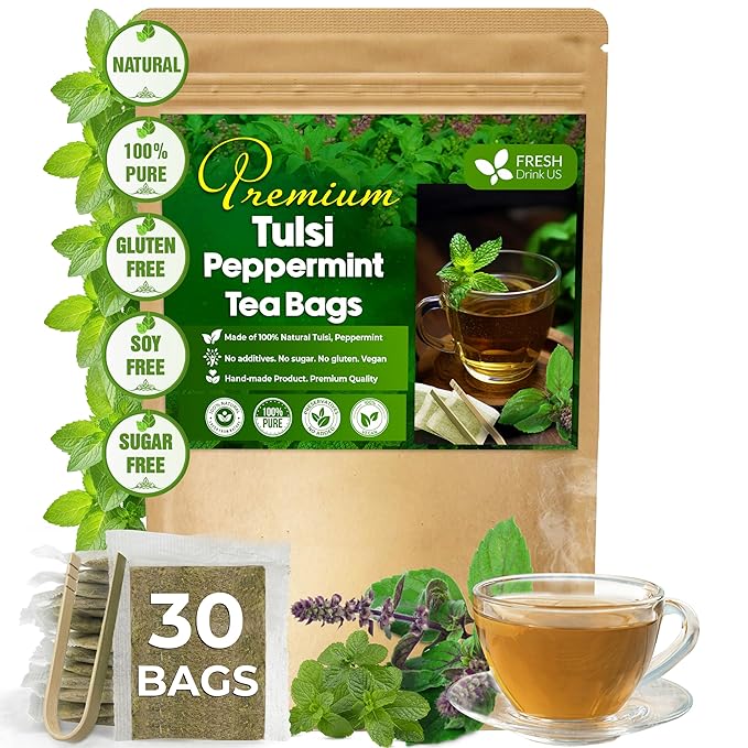 FreshDrinkUS, Premium Tulsi Peppermint Herbal – 30 Tea Bags, 100% Natural, Blend of Tulsi Holy Basil Leaves, and Peppermint Leaves. Made with Natural Material Tea Bags. No Sugar, Vegan. - Bloomnest