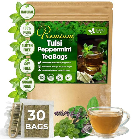 FreshDrinkUS, Premium Tulsi Peppermint Herbal – 30 Tea Bags, 100% Natural, Blend of Tulsi Holy Basil Leaves, and Peppermint Leaves. Made with Natural Material Tea Bags. No Sugar, Vegan. - Bloomnest