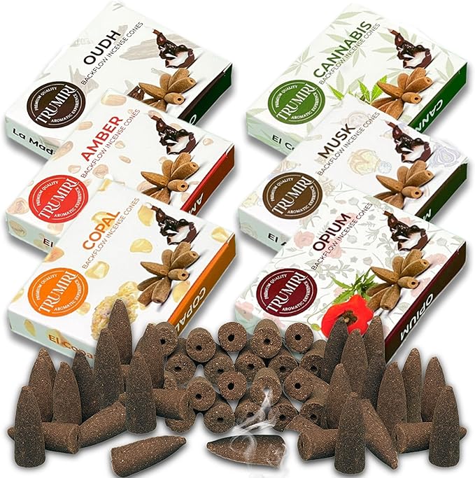 Exotic - Backflow Incense Cones for Waterfall - Scented Inscents-Cones - Copal, Amber, Musk, Oud - Insiensos Aromaticos - 6x10=60 Large Variety Pack TRUMIRI