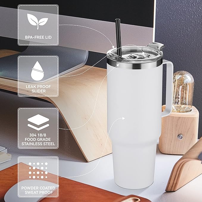 HASLE OUTFITTERS 40 oz Stainless Steel Tumbler with Handle, Vacuum Insulated Tumblers Bulk, Reusable Double Wall Travel Coffee Mug, Durable Powder Coated Water Bottle(White, 1) - Bloomnest