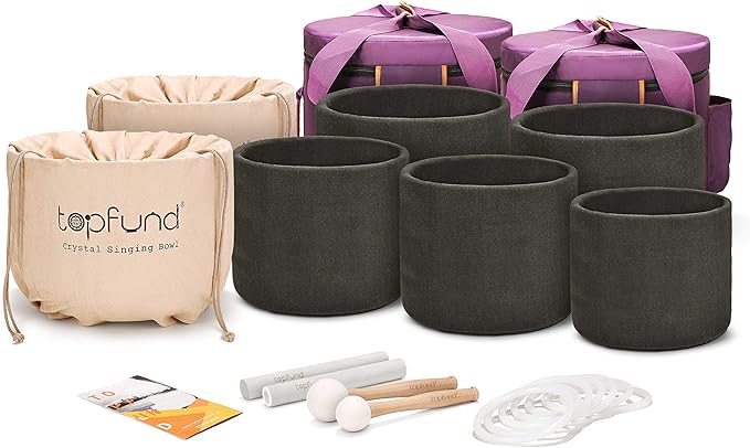TOPFUND 440 Hz Chakra Set of 7 Color Crystal Singing Bowls 6-10 inch with Heavy Duty Carrying Cases and Singing Bowl Mallets - Bloomnest