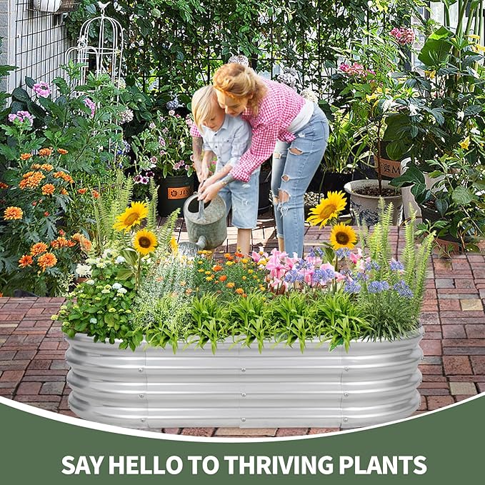 1MORE Galvanized Raised Garden Bed- Planter Garden Boxes Outdoor, Raised Beds for Gardening, 4x2x1ft Metal Garden Bed Kit for Vegetables Flower, Planter Raised Bed with Protective Tape & Tools.Silver - Bloomnest