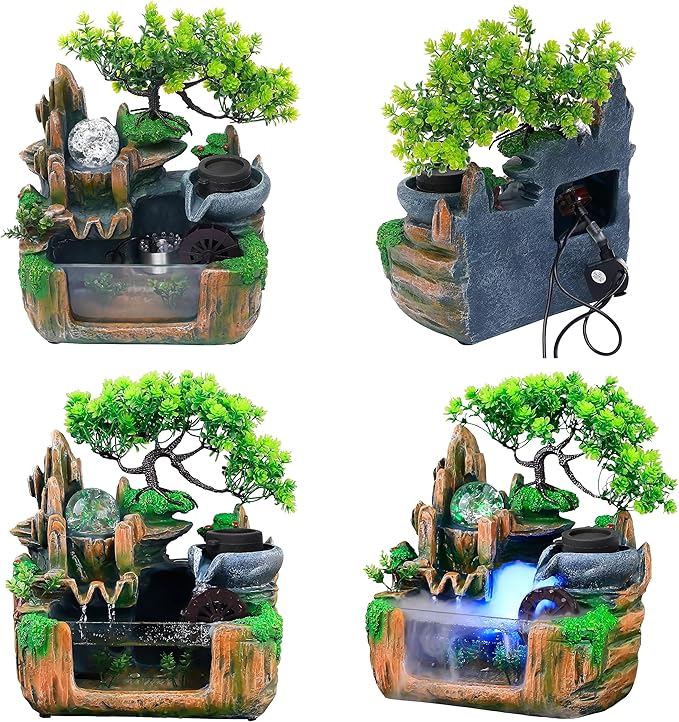 10Inch Bonsai Tree Rock Water Fountains Indoor Tabletop Waterfall Humidifier with LED Light and Atomizer Mist, Desktop Decoration Fake Plants Mini Fish Tank Feng Shui Decor Festival Birthday surprise - Bloomnest